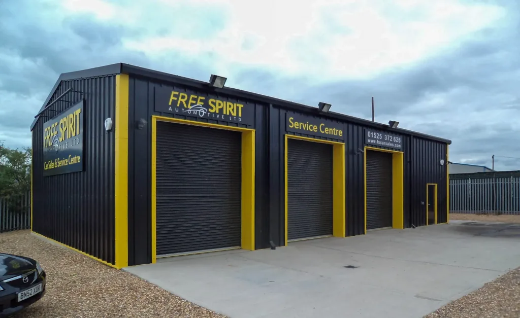 Free Spirit Automotive Ltd Steel framed MOT Building with 3 roller doors in Leighton Buzzard